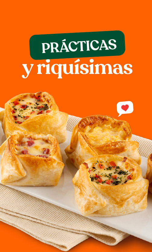 Canastitas de hojaldre con distintos rellenos sobre un plato blanco, acompañadas del texto “Prácticas y riquísimas”.